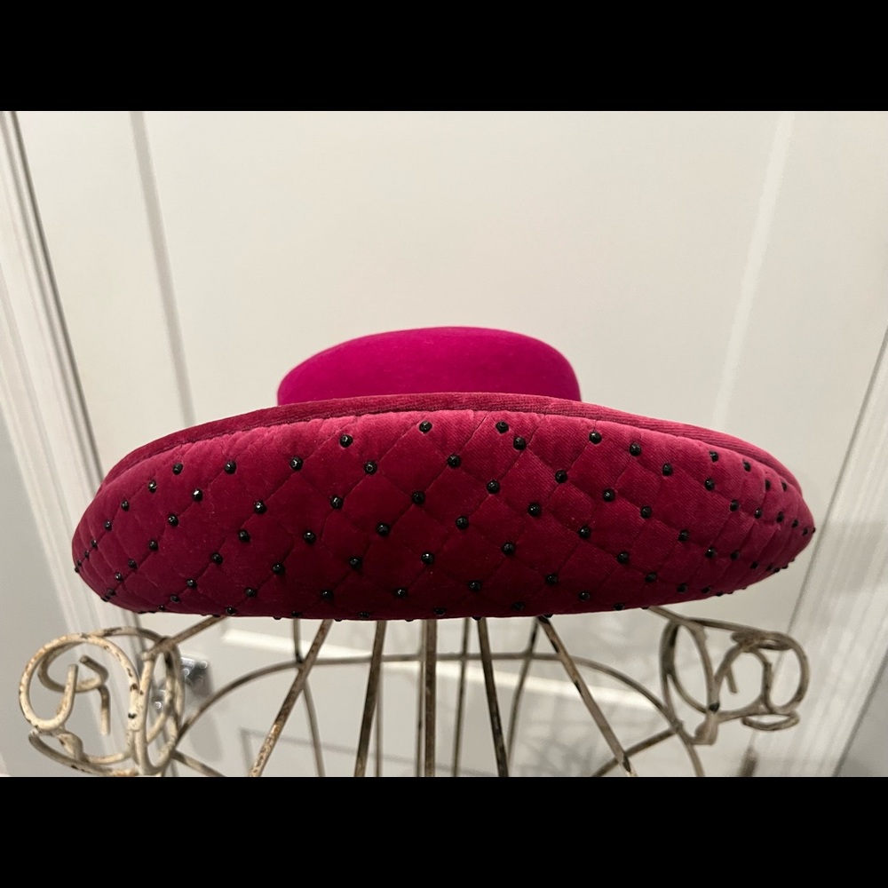 Vintage Oscar de la Renta Millinery Pink Wool With Black jeweled stud Formal Hat